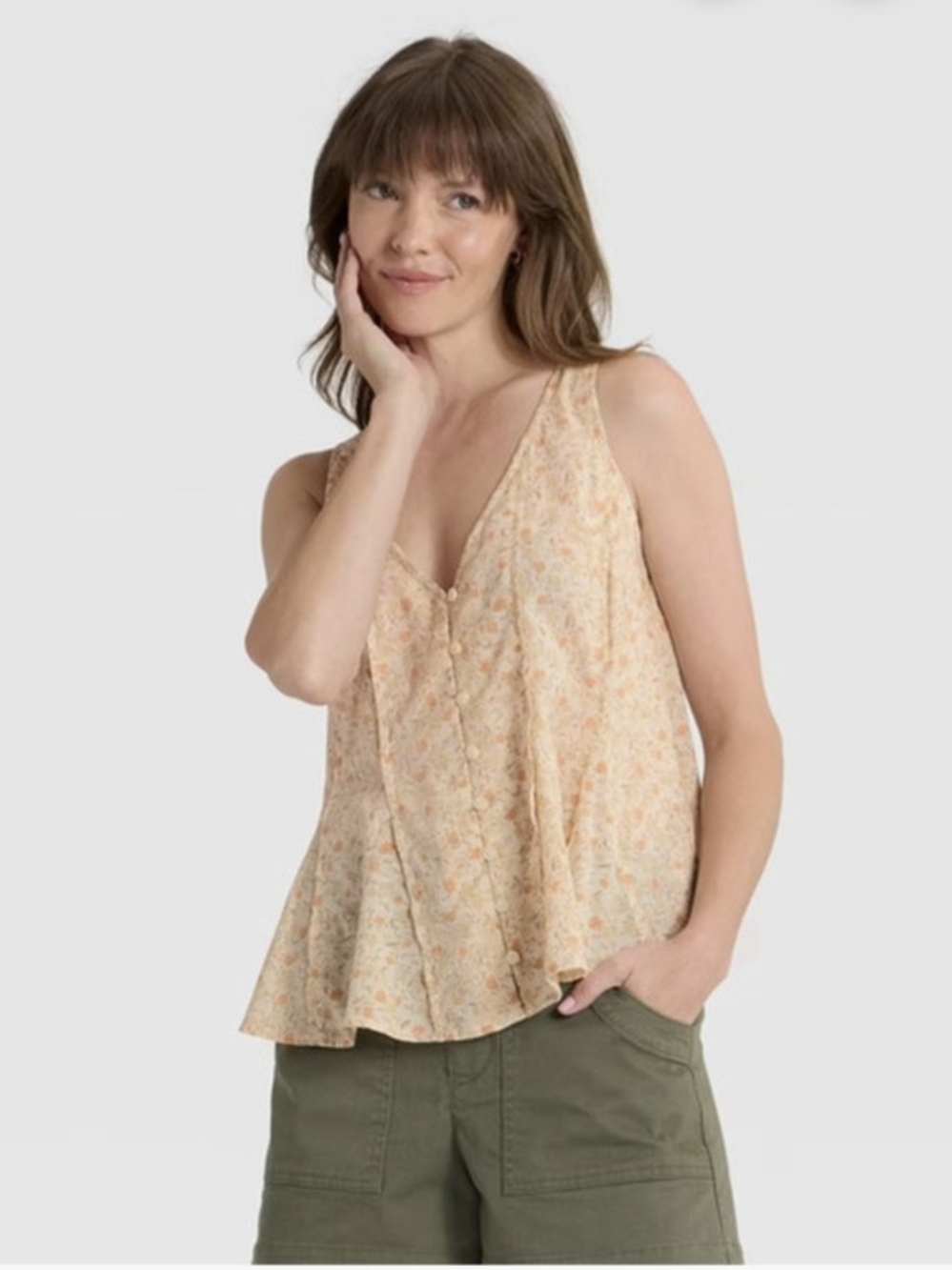 Universal Thread Peach Floral V-Neck Button-Front Camisole